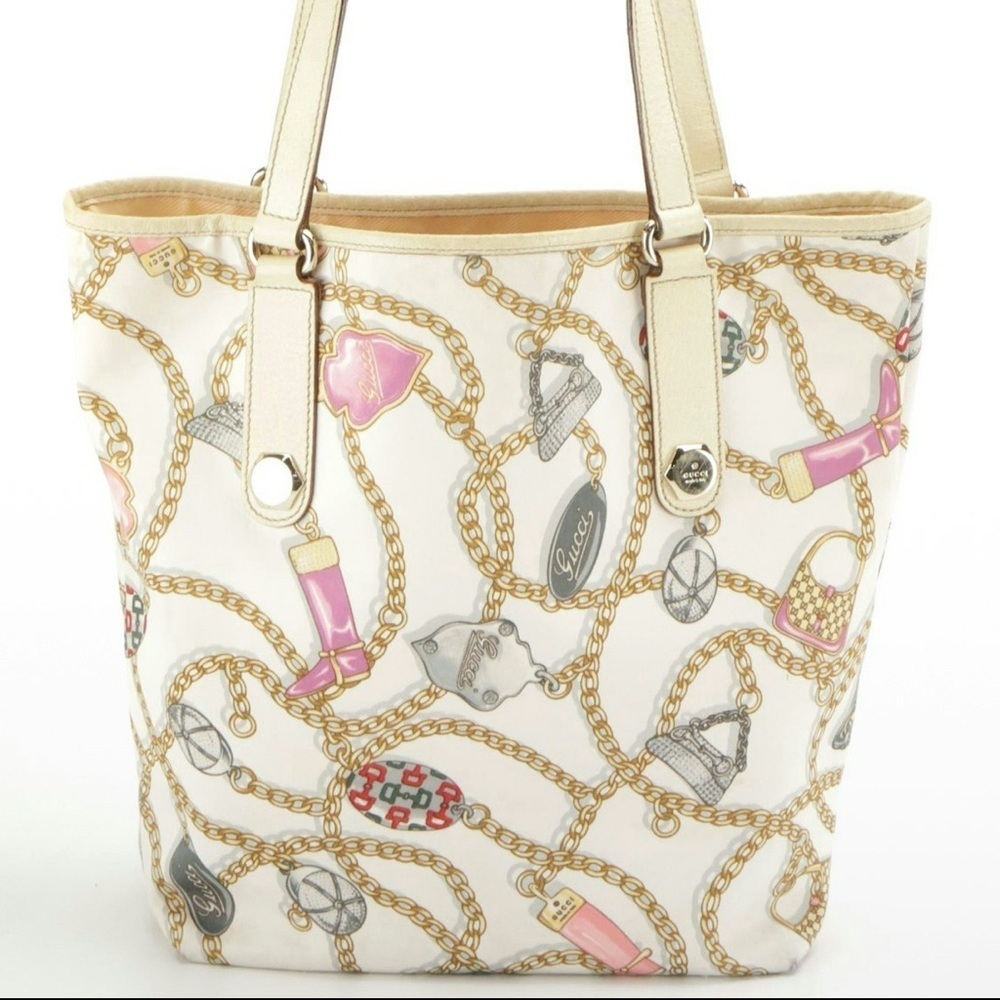 Rare GUCCI Charm Print Satin Tote with Cinghiale Leather trim - Picture 2 of 11